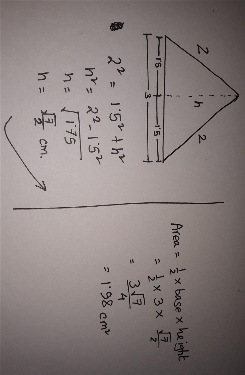 The area of a iscoles triangle having base 3 cm and length of the equal side is 2cm-example-1