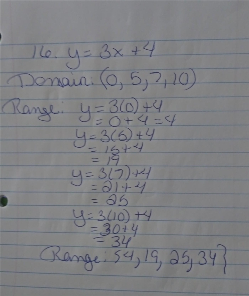 Of the function. 16. y = 3x + 4 Domain:0, 5, 7, 10 find the range-example-1