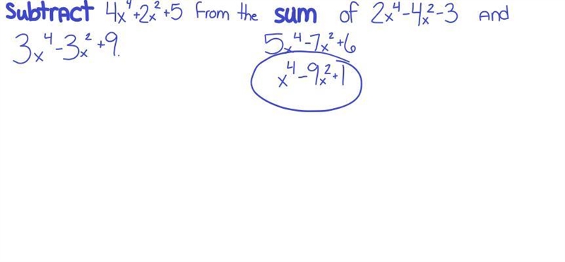 Subtract 4x4 + 2x² +5 from the sum of 2x4 - 4x2–3 and 3x4 - 3x² +9. ​-example-1