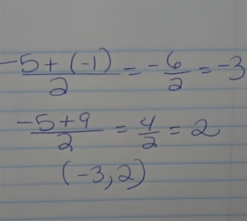 Find the midpoint between each pair of points. (-1,-5) and (-5,9)-example-1