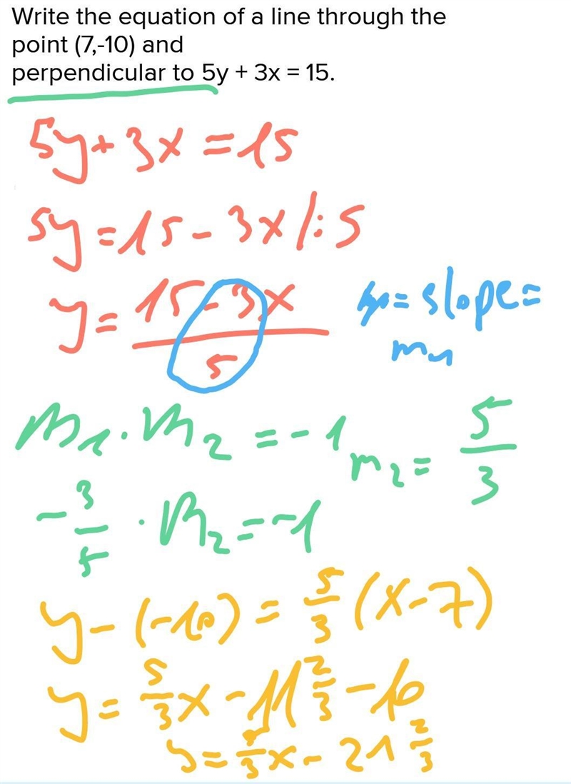 Write the equation of a line through the point (7,-10) and perpendicular to 5y + 3x-example-1