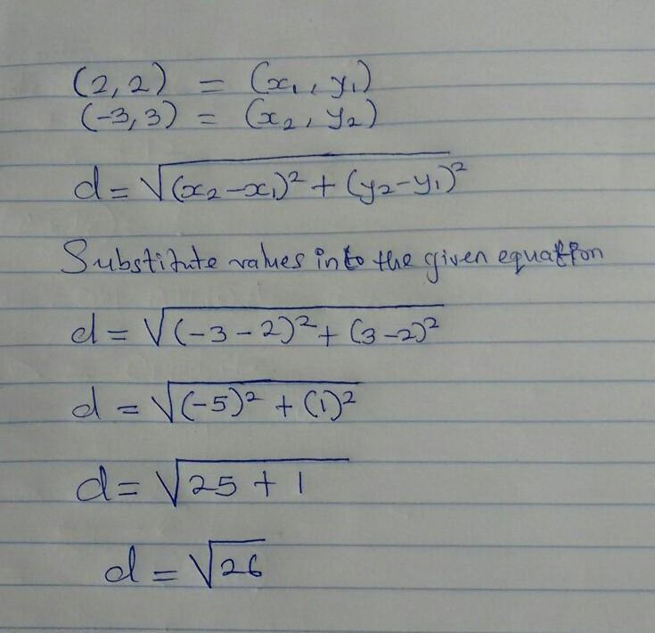 (2,2), (-3,3) find the distance between the two points round to the nearest tenth-example-1