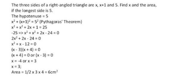 The 3 sides of a right angled triangle are x x+1 and 5 find x and the area if the-example-1