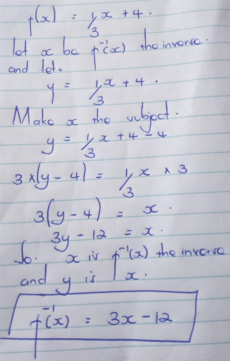 Write the inverse function for the function, f(x) = 1/3 x+4-example-1