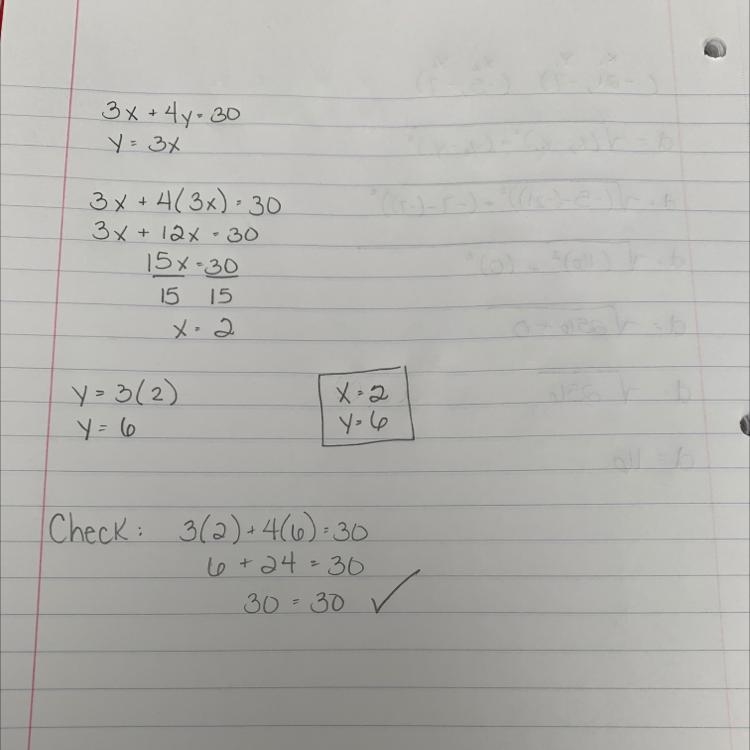 What is the solution to 3x+4y=30 y=3x-example-1