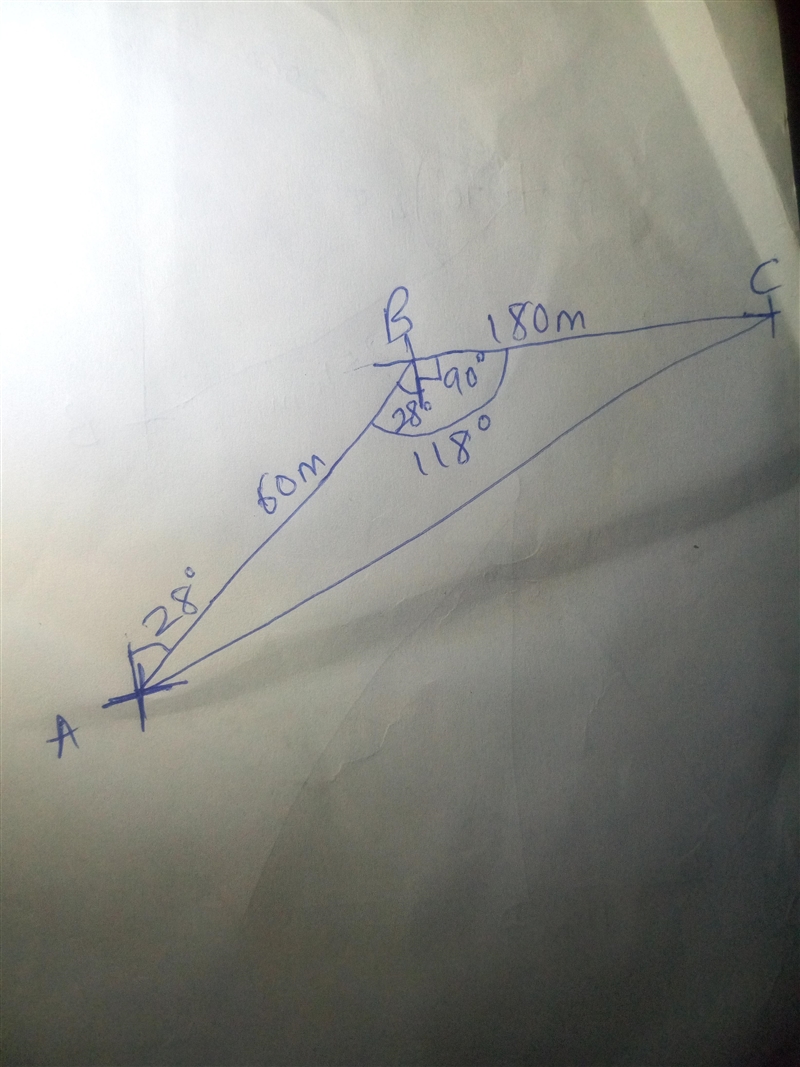 A student walk 60m on a bearing of 028 degree and then 180m due east. How is she from-example-1