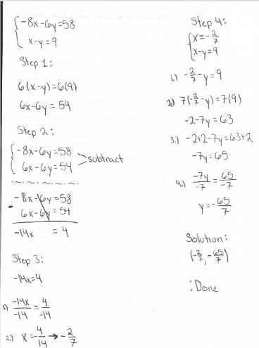 Solve the system of equations -8x-6y=58 and x-y=9-example-1