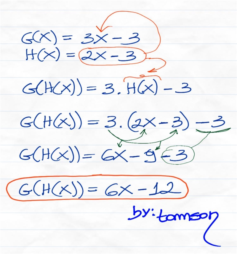 G(x) = 3x - 3 n(x) = 2x - 3 Find (g. h)(x)-example-1