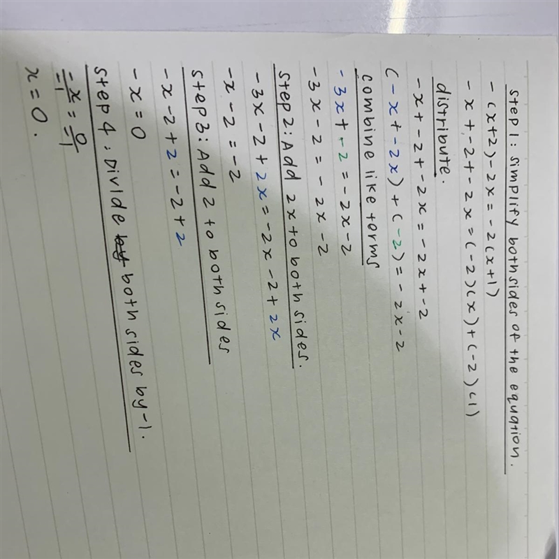 - (x + 2) - 2 x = - 2(x + 1) how do I solve this when there no number at the beginning-example-1