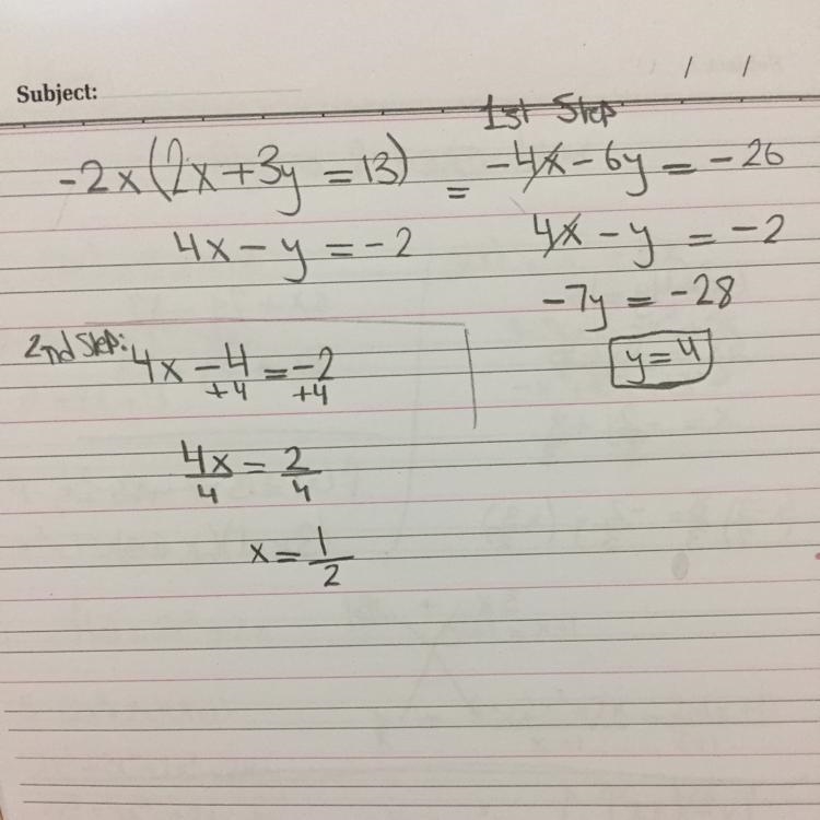 Solve these simultaneous equations 2x+3y=13 4x-y=-2-example-1