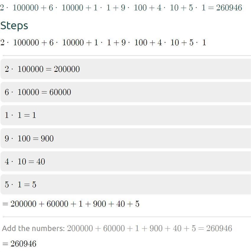 2 x 100,000 + 6 x 10,000 + 1 x 1,000 + 9 x 100 + 4 x 10 + 5 x 1 = ??? PLEASE HELP-example-1