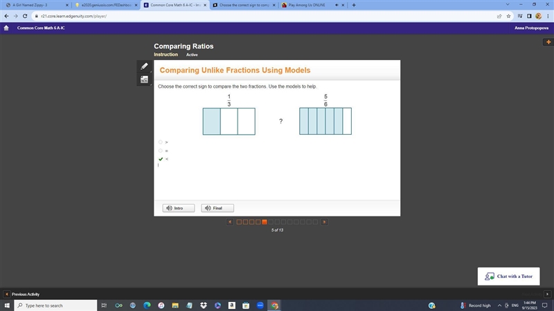 Choose the correct sign to compare the two fractions. Use the models to help. 1/3 shaded-example-1