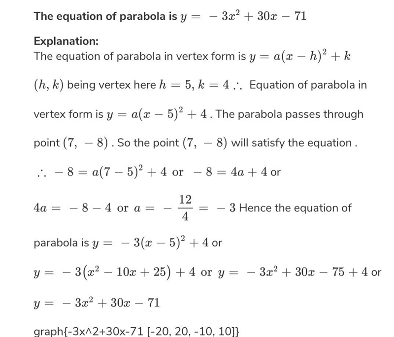 What is the equation for the parabola that has a of vertex (3,4) and it passes through-example-1