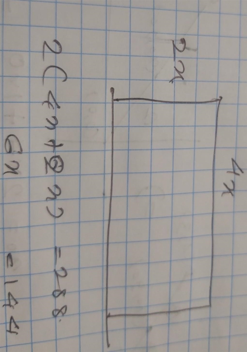 A rectangular field is 4x metres long and 2x metres wide. Its perimeter is 288 metres-example-1