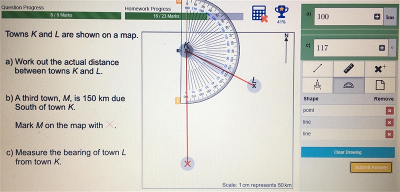 Towns k and l are shown on a map. measure the bearing of town from town k-example-1