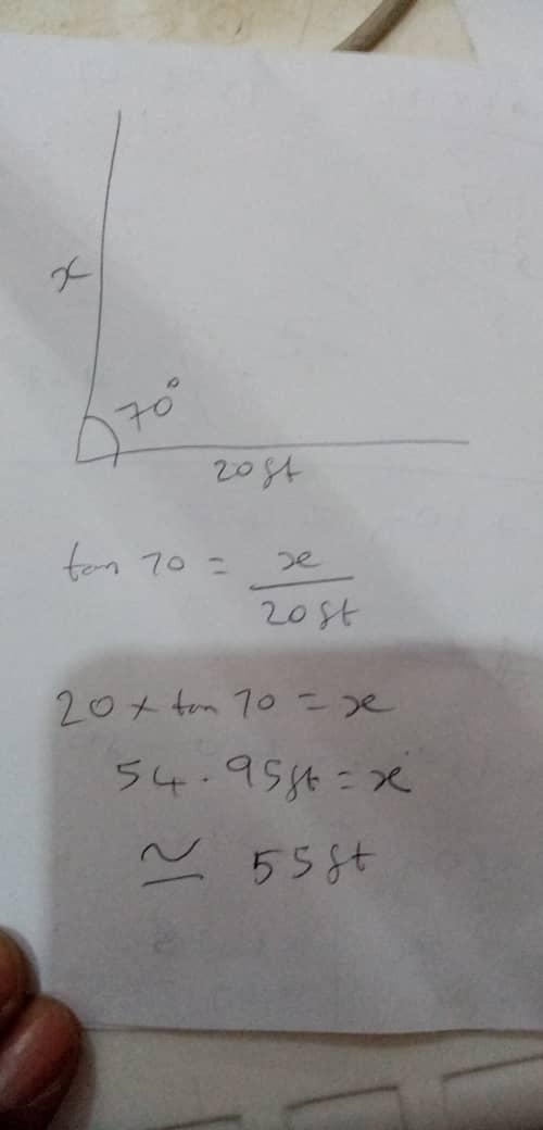 The shadow of a telephone pole is 20 feet long. You measure the angle of elevation-example-1