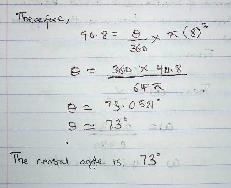 Given a sector of a circle has an area of 40.8 square inches and a radius of 8 inches-example-2