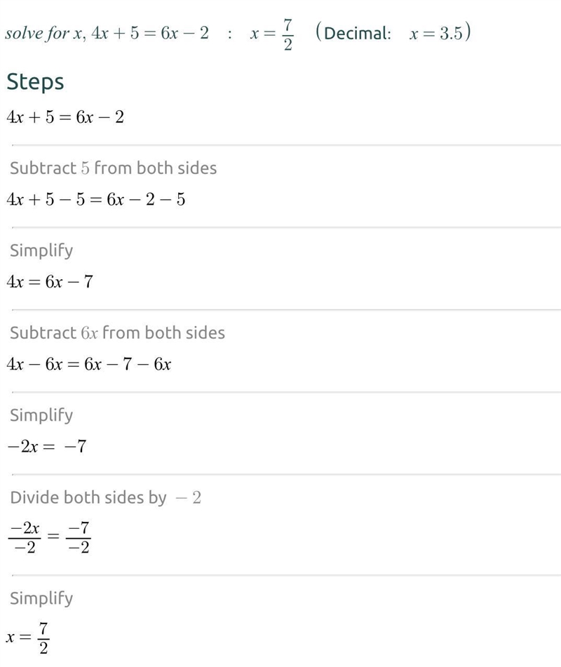 4x + 5 = 6x - 2 need help answering this-example-1