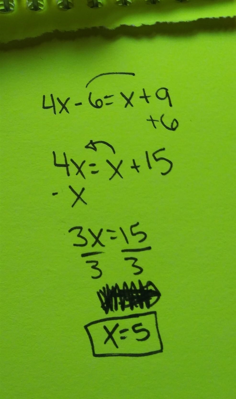 4x-6=x+9 i need help can someone show the work too please-example-1