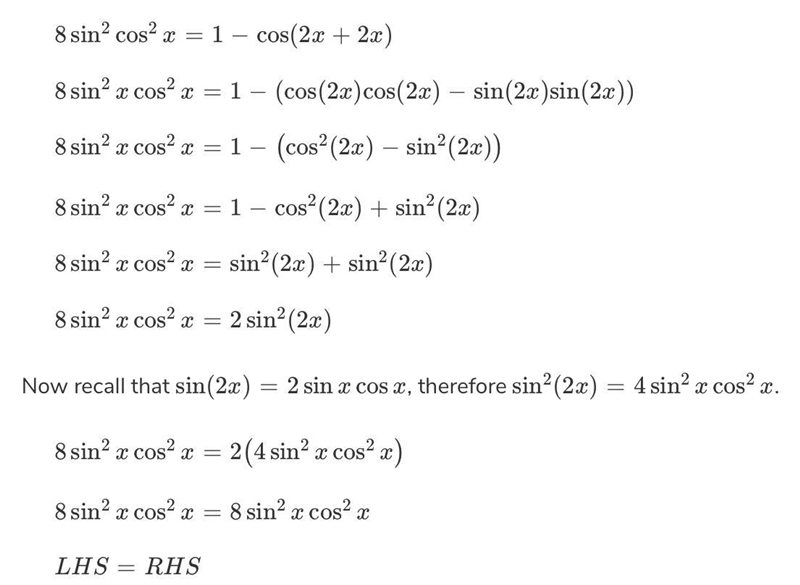 4. Prove the identity 8 sin^2x cos^2x = 1 - cos 4x.​-example-1