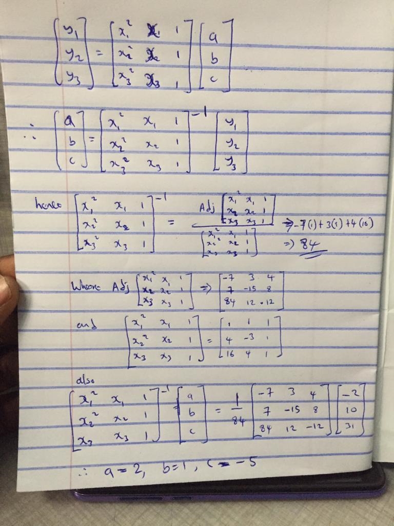 A vertical parabola goes through (1,-2), (-3, 10), and (4, 31). Use matrices to solve-example-1