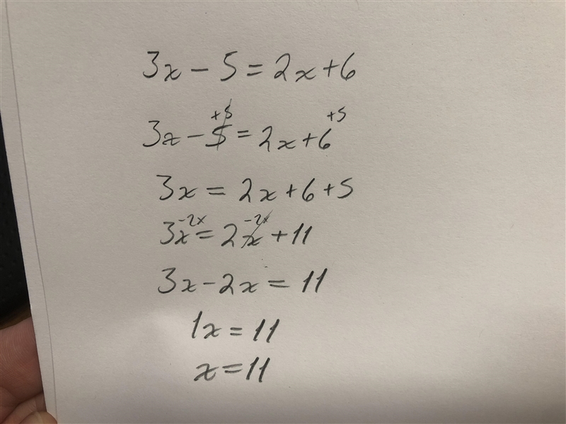 Solve for x: 3x − 5 = 2x + 6. need answer plz :(-example-1