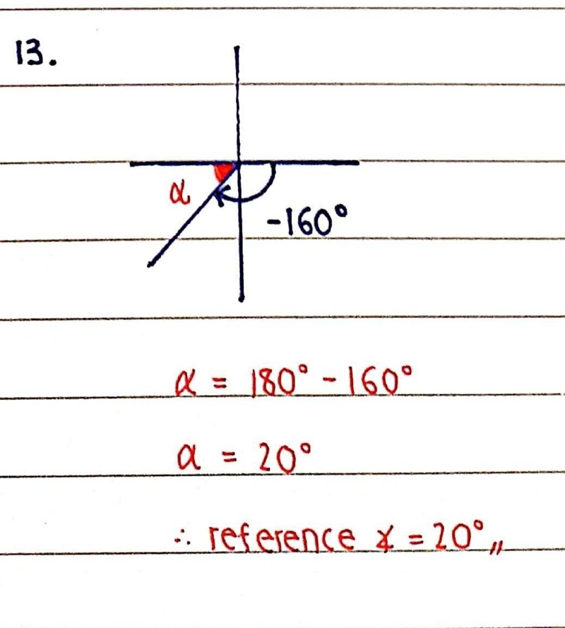 Find the measure of the reference angle for each given angle. Part 2 13. θ = -160° 14. θ = 345° 15. θ = =130°-example-1