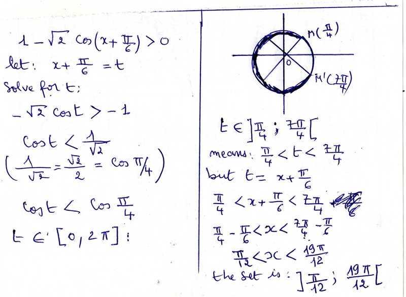 Pls, can you help me whit this? thx♡ 1 - √(2) \cos(x +{ (\pi)/(6) } ) > 0 ​-example-1