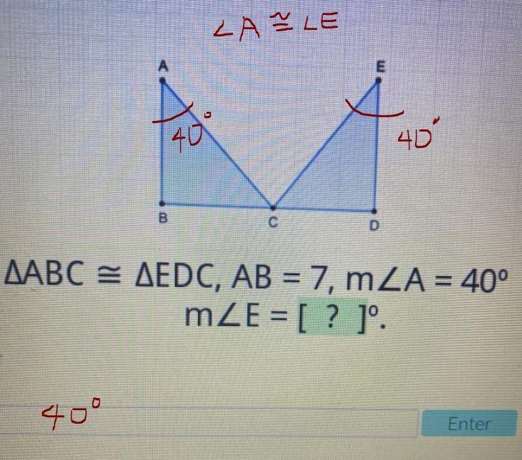 ABC = EDC, AB = 7, A = 40° E=-example-1