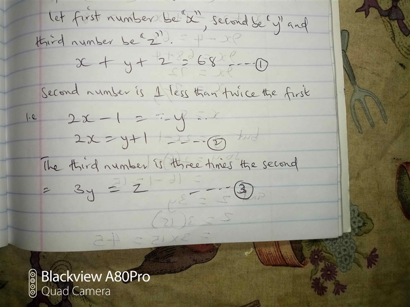 6. Three numbers have a sum of 68. The second number is 1 less than twice the first-example-1