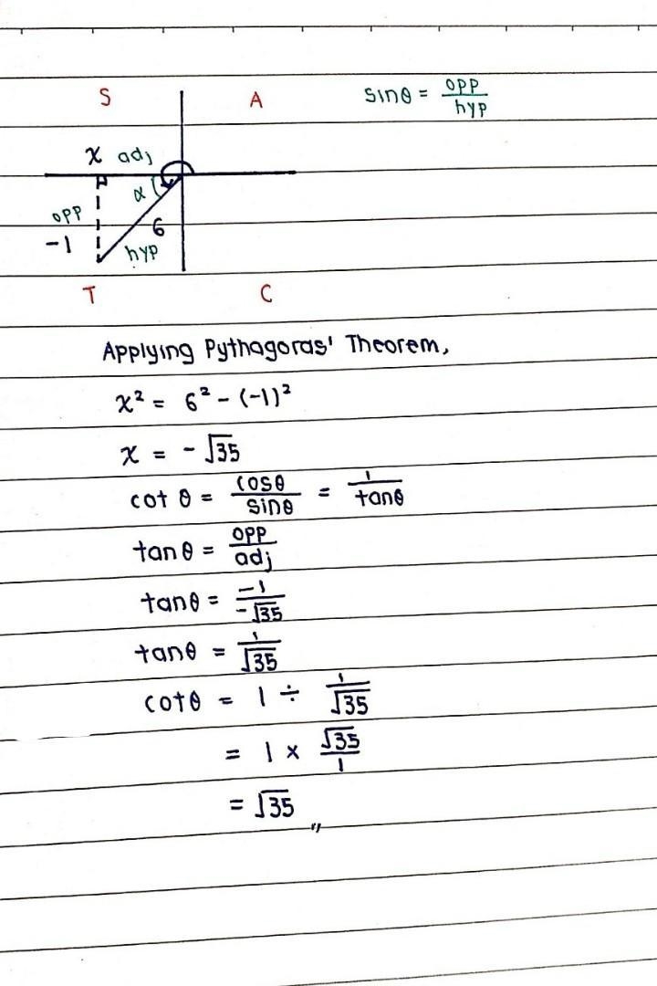 Find the exact value of cot(θ) for an angle θ with sin(θ) = -1/6 and with its terminal-example-1