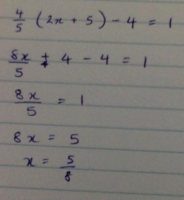 4/5(2x+5)−4=1 4/5 is a fraction-example-1