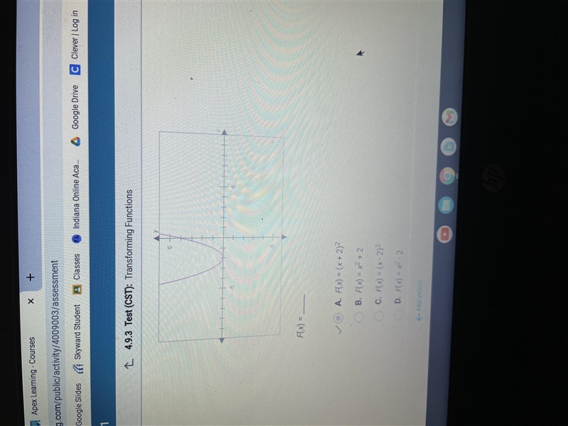 The graph of f(x) shown below has the same shape as the graph of g (x) = x^2 but it-example-1