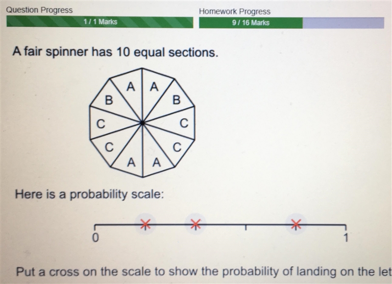 A fair spinner has 10 equal sections there is a probability scale-example-1