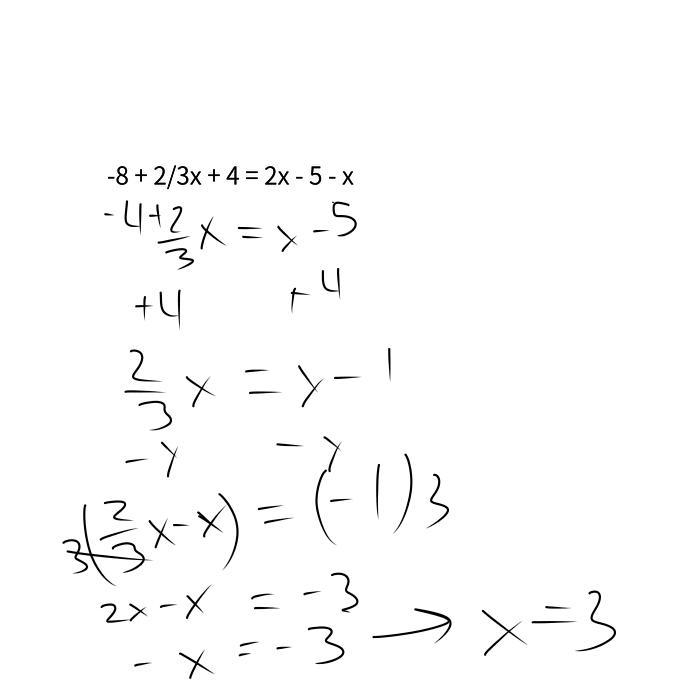 Solving two step equations on both sides -8 + 2/3x + 4 = 2x - 5 - x-example-1