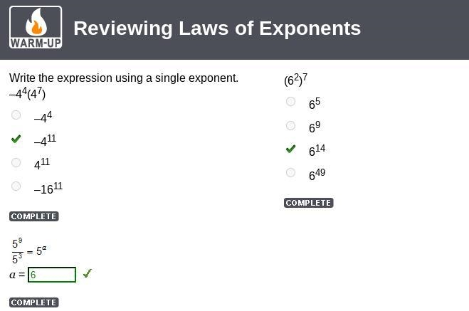 LUWUN WARM-UP Write the expression using a single exponent. 44 (47) o 44 0 411 0 411 0 -1611 DONE-example-1