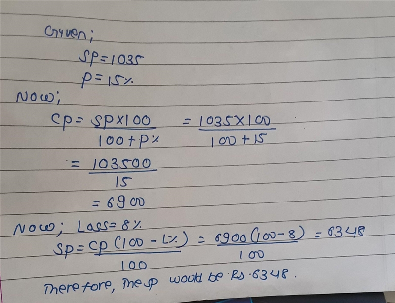 A Fan was sold for Rs 1035 having 15% profit. If it was sold on 8% loss, find the-example-1