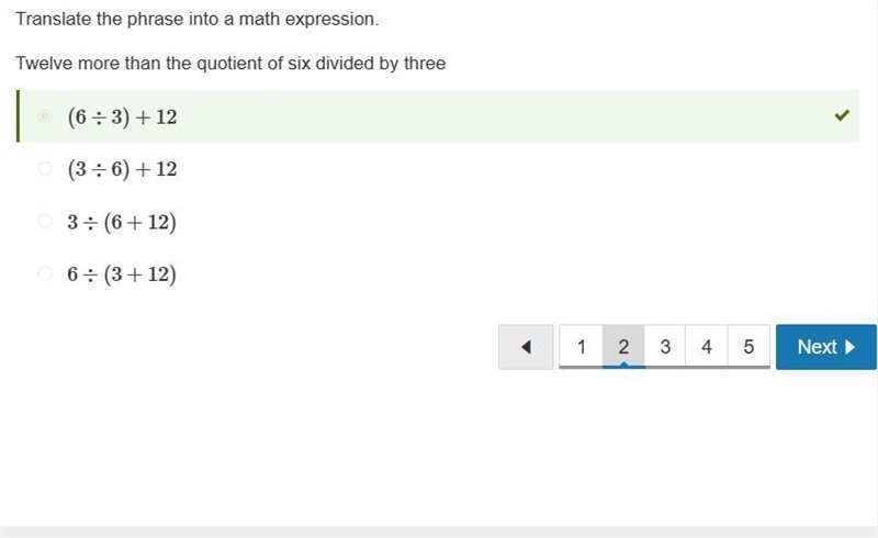 Translate the phrase into a math expression. Twelve more than the quotient of six-example-2