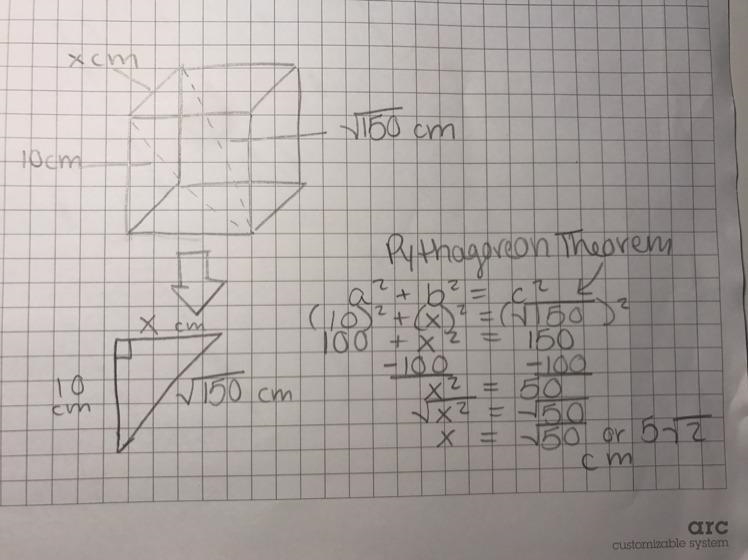 A diagonal of a cube measures square root 150cm. the diagonal of a face measures 10cm-example-1