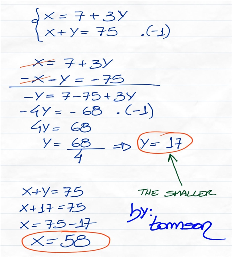 One number is 7 more 3 times another number. the sum is 75. what is the smaller number-example-1