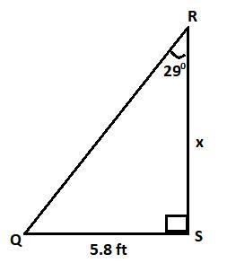 In ΔQRS, the measure of ∠S=90°, the measure of ∠R=29°, and SQ = 5.8 feet. Find the-example-1