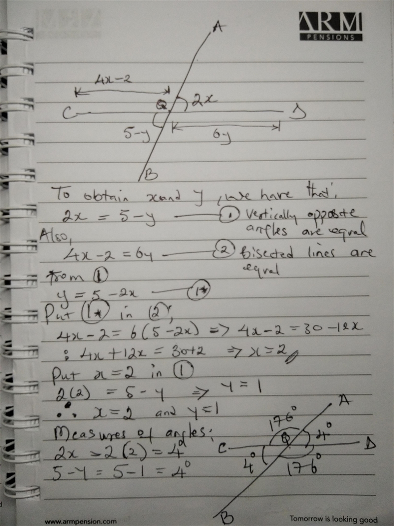 AB bistects CD at point Q. You are given that the measure of angel AQD is 2x and the-example-1