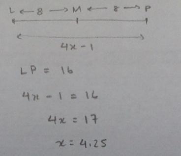 Given that M is the midpoint of L and P. If LP=4x-1, LM=8, find x and LP-example-1