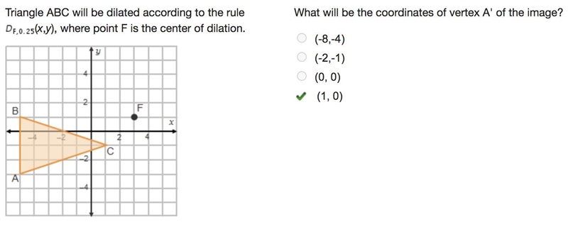 What will be the coordinates of vertex A' of the image? O (-8,-4) O (2,-1) O (0, 0) O-example-1