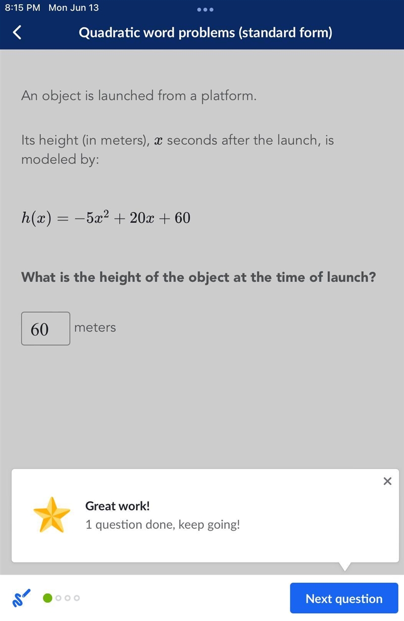 An object is launched from a platform. Its height (in meters), x seconds after the-example-1