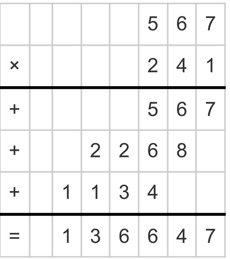 Long multiplication: What is 567 x 241 Please show your work and thanks if you can-example-1