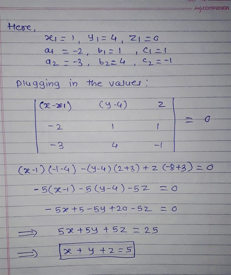 Find the quation of a plane that contains the lines given by x-1/-2 = y-4=z and x-example-2