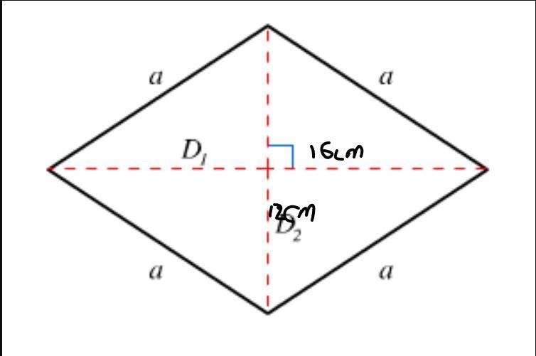 The diagonals of a rhombus are 12cm and 16cm.Find the length of each side.​-example-1