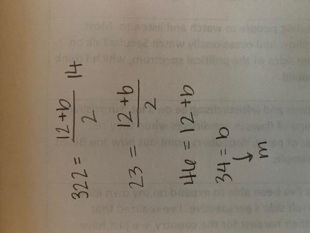 The area of a trapezoid is 322m2 one base is 12m and the height 14m what is the measure-example-1