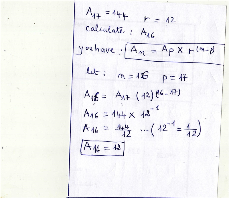 The 17th term of the geometric sequence is 144. The common ratio is 12. Find the 16th-example-1